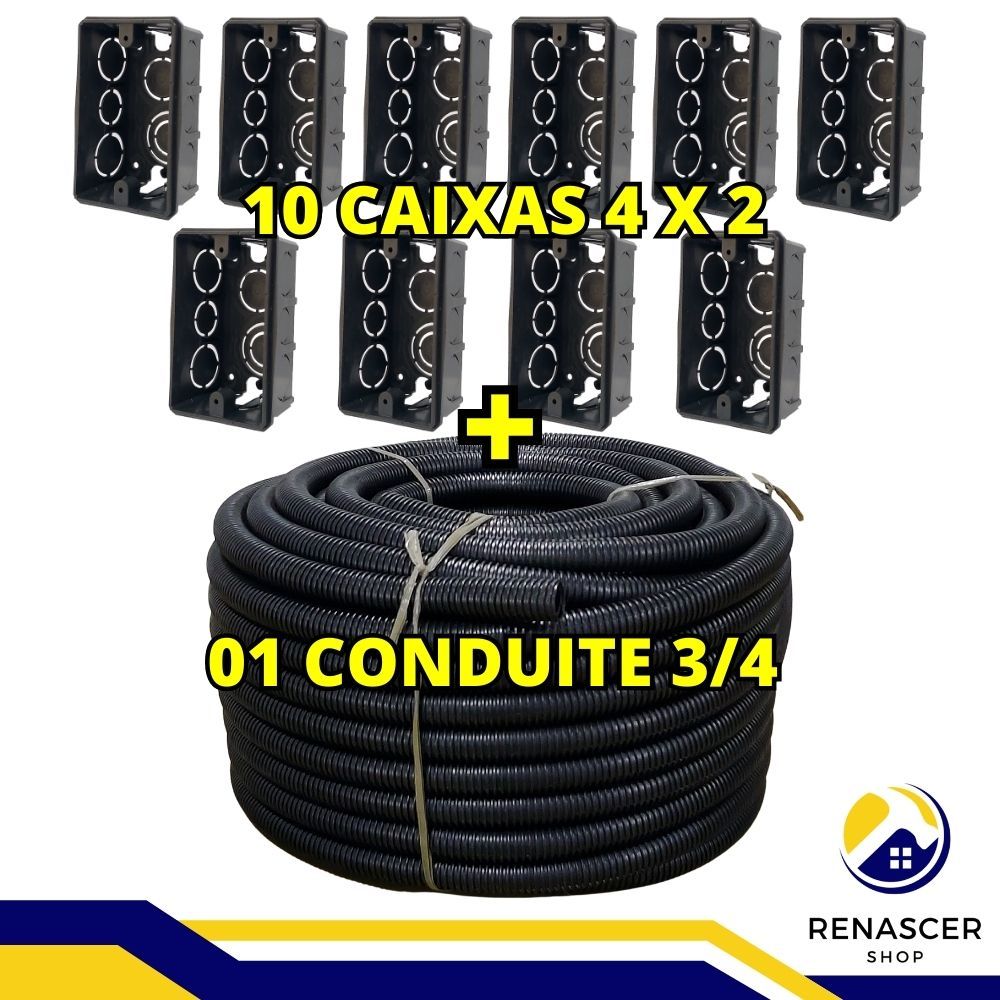 Conduite Corrugado 3/4 Preto DN25 50 Metros + 10 Caixa 4x2 Preta ...