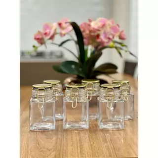 Conjunto 6 Potes Herméticos de Vidro com Tampa em Metal Geométrico Dourado 7cm x 12cm - Lyor
