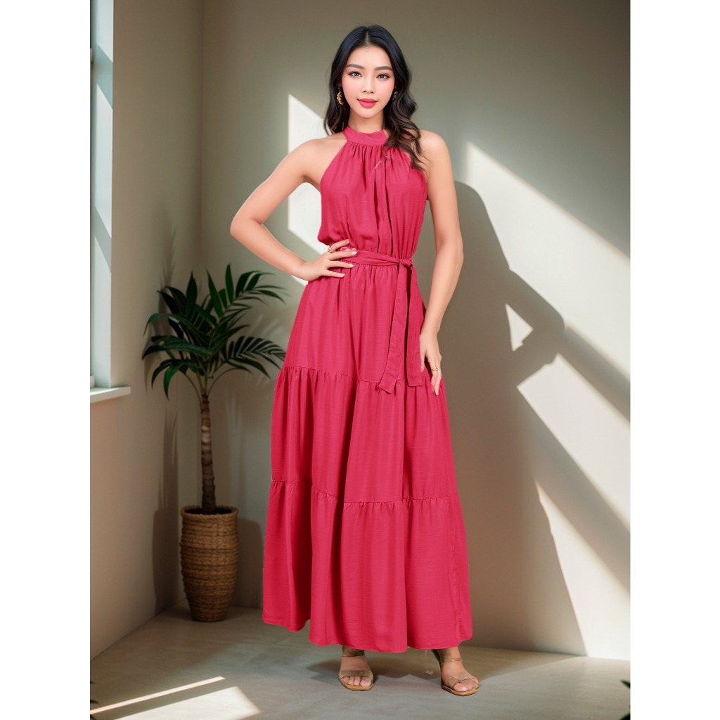 Vestido Liso Longo Feminina Gola Alta Três Maria Com Cinto