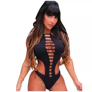 Maiô Preto Fio Dental Cavado Forrado Sem Bojo Body Tiras