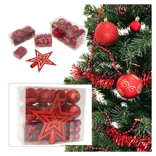 Kit 44 Peças Decoração Enfeite Natalino com Estrela, Bolinhas, Festão e Cordão de Pérolas Vermelho