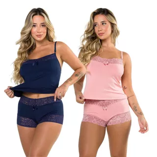 Kit 2 Baby Doll Feminino Lingerie Conjunto Short Renda Camisete Pijama Dormir Alça Regulaveis Adulto