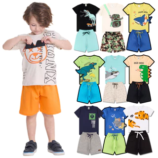 Kit Sortido Interativo 10 Peças de Roupas Infantil Menino Verão (5 Camisetas + 5 Bermudas) Kit 5 Conjuntos de Roupa Infantil Menino Bebê