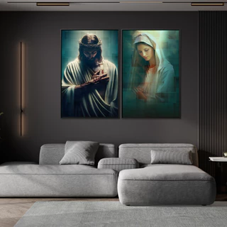 Quadro Duplo Jesus e Maria Fé Oração em Canvas 106x73cm