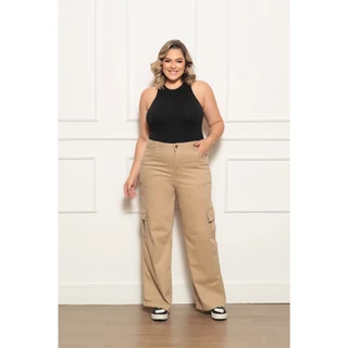 Calça Wide Leg Cargo Bege Premium Plus SIze