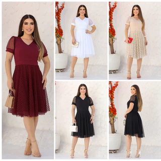 Vestido Feminino Mídi Rodado Tule Manga Princesa Moda Evangélica Casual Festa Congresso Plussize