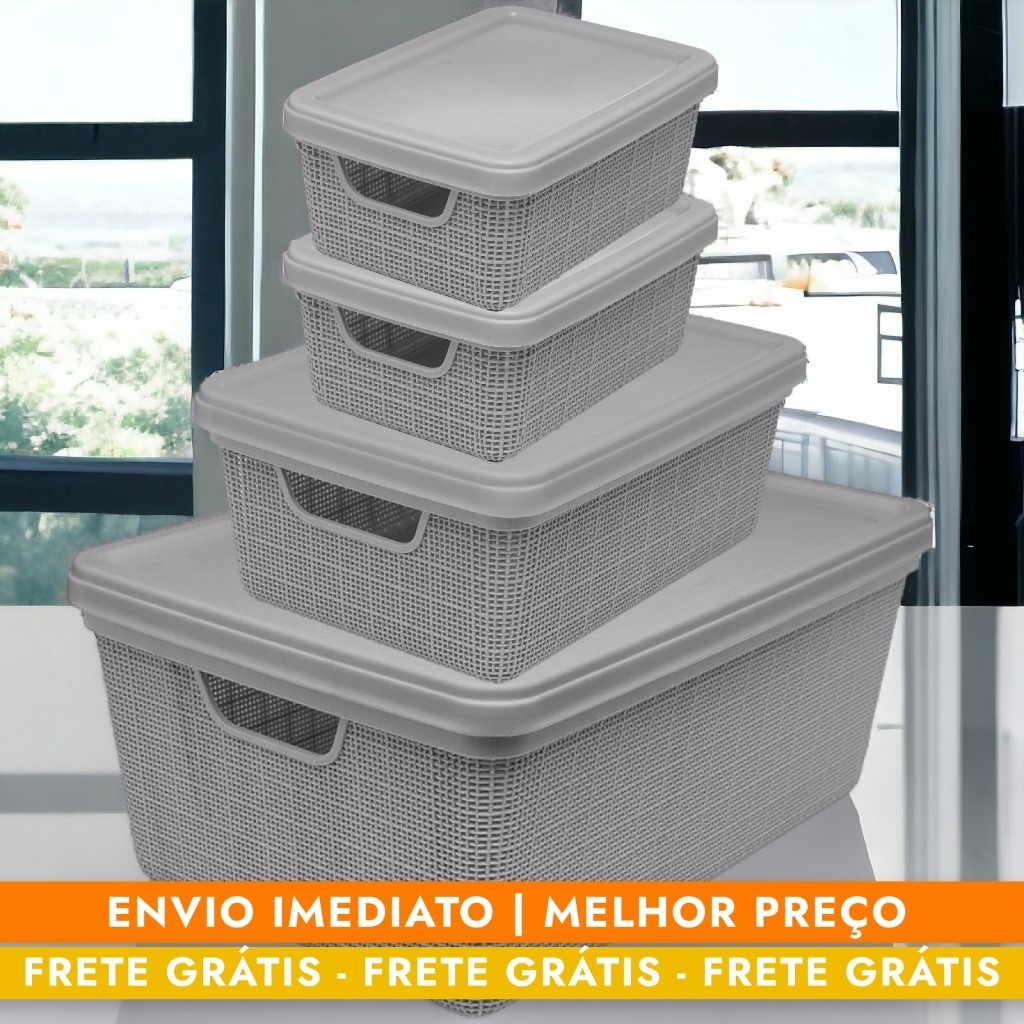 Caixa Organizadora com Tampa Grande em Plástico Kit 4 Caixas 1,8 L 5 L ...