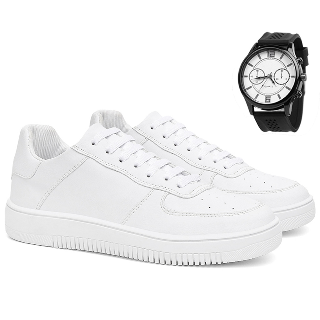 Tenis Air Sapatenis Casual Versátil Estiloso Confortável Branco Preto Ortopédico Básico + Relógio