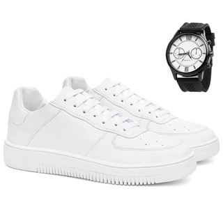 Tenis Air Sapatenis Casual Versátil Estiloso Confortável Branco Preto Ortopédico Básico + Relógio