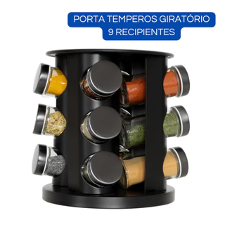 Porta Temperos Condimentos Giratório Vidro Preto 9 potes Premium