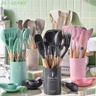 Jogo de Cozinha Kit com 5pcs ou/ 12 Peças de Silicone, Utensílios e Copo Suporte para Cozinha Cabo de Madeira