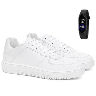 Tenis Air Branco Preto Force Masculino Feminino Básico Casual Confortável Leve + Relógio Slim Kit