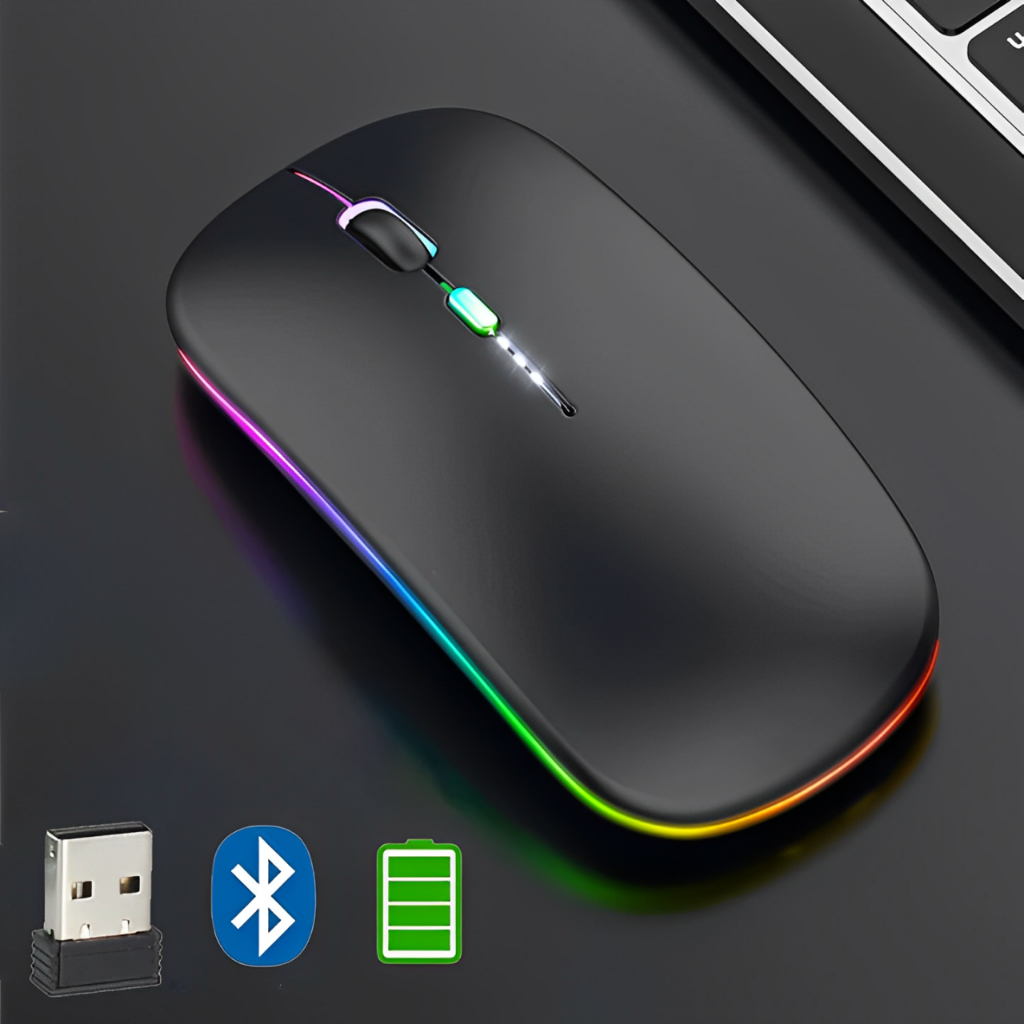 Mouse Sem Fio Wireless Com Bateria Interna Recarregavel 2,4 Ghz Led RGB Home Office cor preto