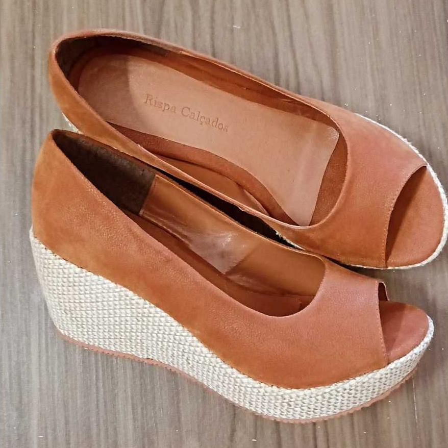 Sandália Feminina Anabela Peep Toe Salto baixo 7cm Caramelo