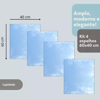Kit 04 Espelhos Decorativos 60 x 40 cm Vidro Lapidado C/ Fita Dupla Face