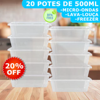 Kit 20 Potes 500ml Transparente Reutilizável Para Marmita Fitness - Freezer, Microondas e Lava Louça