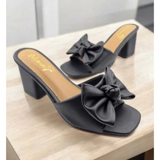 Sandália Feminina Tamanco Salto Bloco Baixo Com Laço Cores Básicas Preto, Antique,Rosa,Offwhite