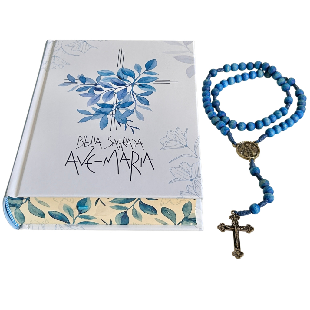Kit Bíblia Católica e Terço Nossa Senhora Aparecida Sagrada Ave-Maria Capa Flores Cristão Crucifixo