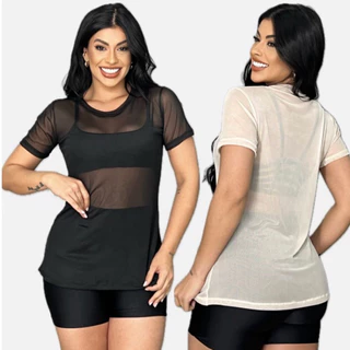 Blusa feminina de tule transparente academia fitness, camisão fitness