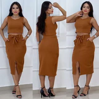Conjunto Feminino Cropped e Saia Fenda Na Frente Amarração