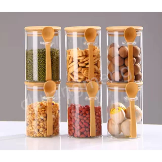 Porta Tempero Mantimentos Condimentos Açucareiro, Saleiro Redondo Hermético de Vidro com Tampa e Colher de Bambu 400/450/550 Ml