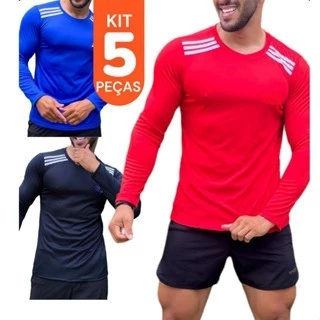 Kit 5 Camisa Manga longa Esportiva Masculina Malha Leve