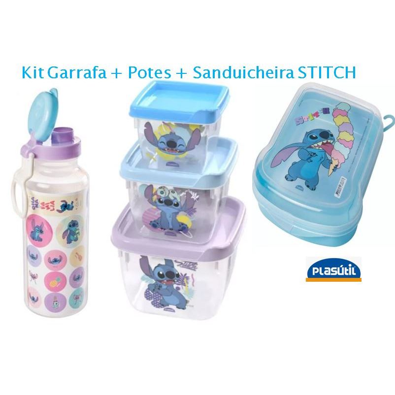 Kit Potes Garrafa Sanduicheira Stitch Plasútil infantil lancheira plasutil
