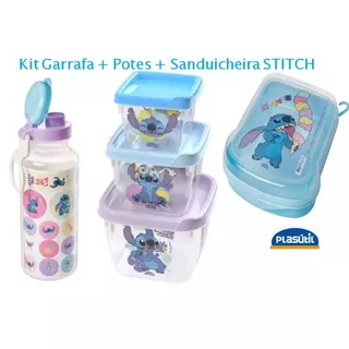 Kit Potes Garrafa Sanduicheira Stitch Plasútil infantil lancheira plasutil