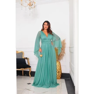 Vestido Isis, longo com brilho manga capa, de festa todo elegante para Madrinhas de casamento