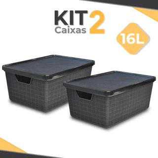 Kit 2 Caixa Organizadora 16 Litros Preta C/ Tampa Alça Cesto Telado Grande Armazenamento - Arqplast