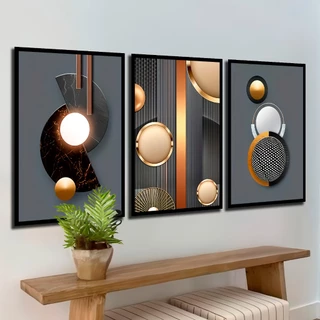 Quadro Decorativo Moderno Abstrato Circulo Cinza Decoração Casa Sala Quarto Luxo 3 Pçs