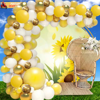 Kit 125 Balão Tema Girassol Latex e Cromado Branco, Amarelo e Dourado Aniversário Festas Decoração