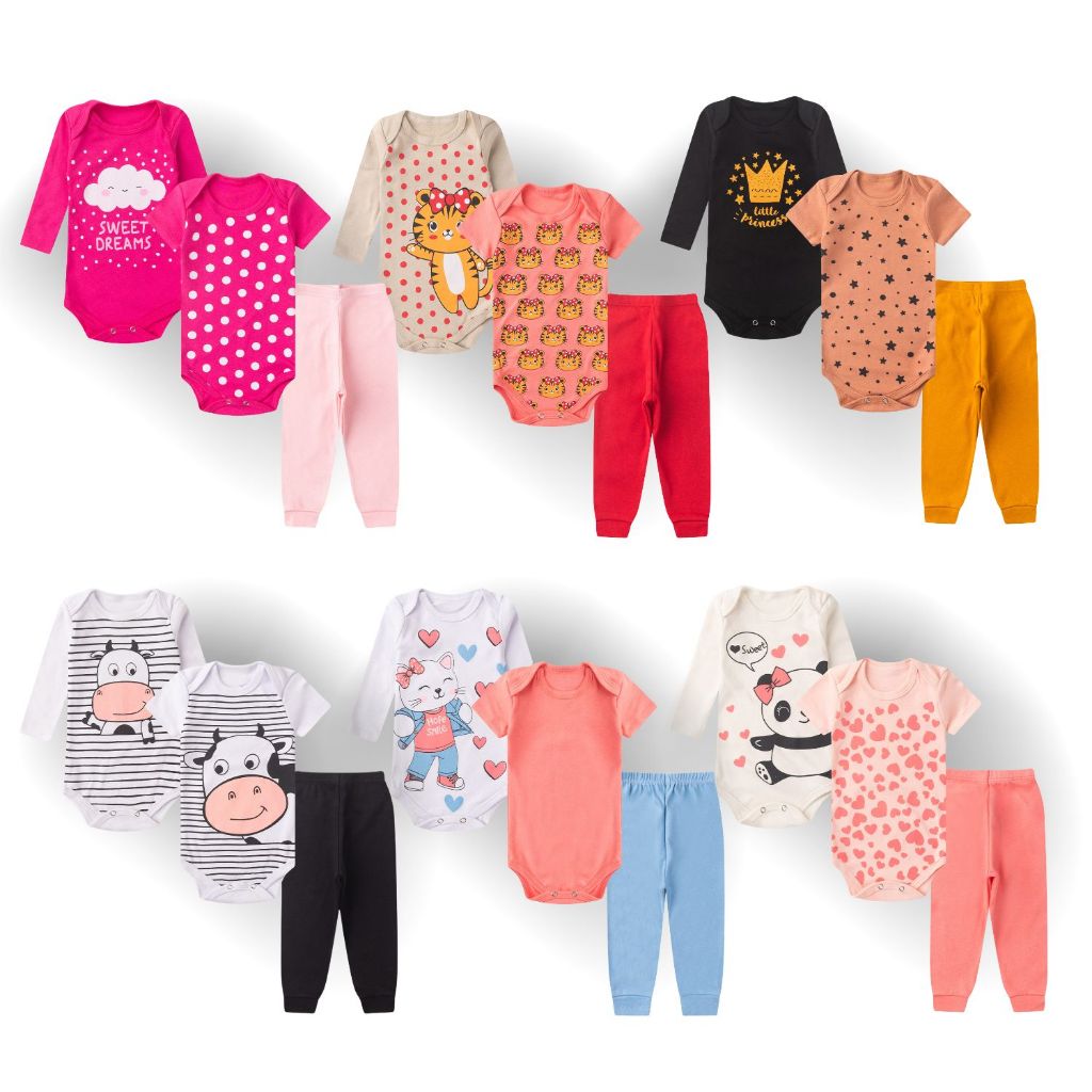 Kit 6 peças Body Bebê Suedine 100% Algodão conjunto menino e menina em Oferta na Shopee