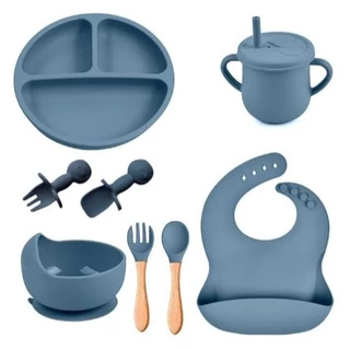 Kit 8 Peças Refeição Bebê Prato Babador Copo Talher Silicone Ventosa