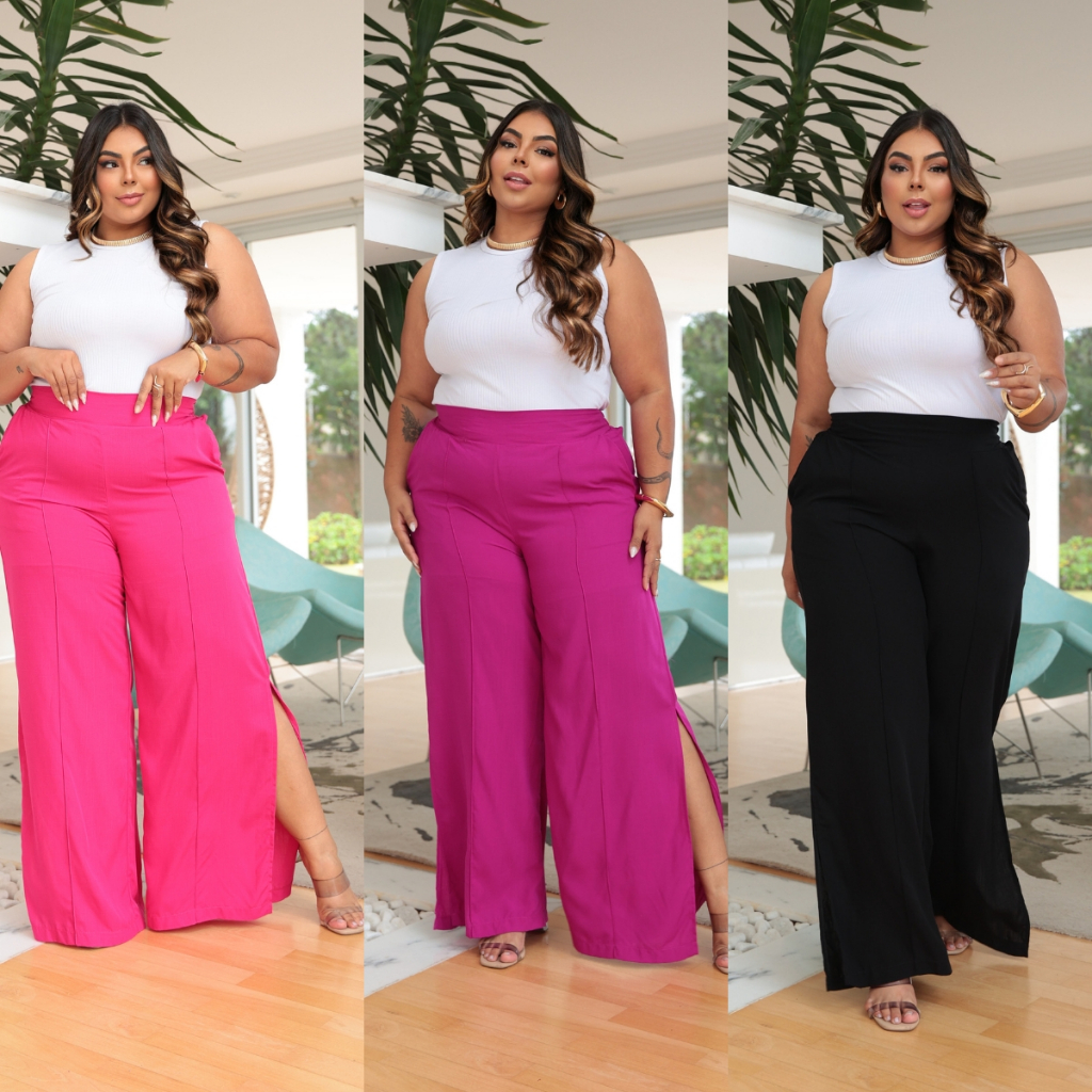 Calça Feminina Plus Size Pantalona Aberta na lateral Viscolinho Moda Blogueira GG G1 G2 G3