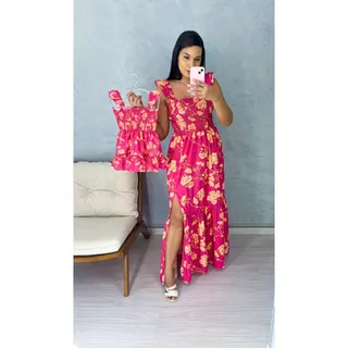 Vestido tal mãe tal filha kit longo adulto e infantil estampado delicado