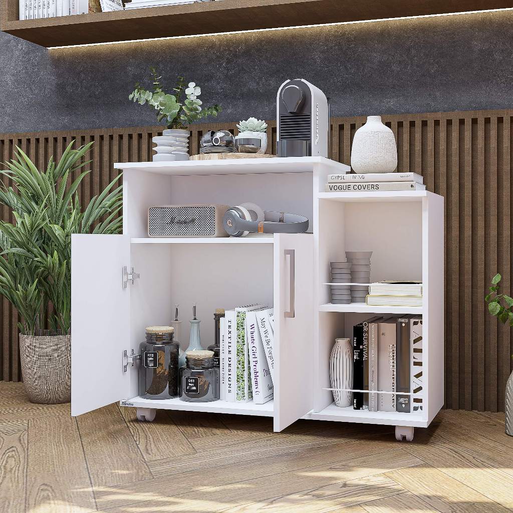 Buffet Aparador Multiuso 2 Portas e Prateleiras Com Rodinhas Móveis Bonatto