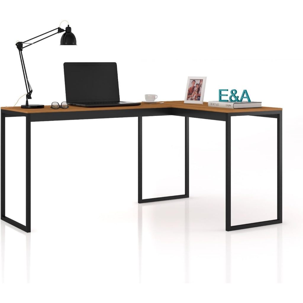 Mesa de Escritório em L Estilo Industrial Home Office Preto/Nature