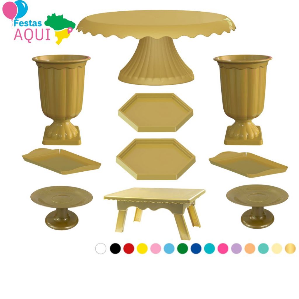 1 Boleira Cake Renda 22, 2 Vaso Grego, 2 Mini Sextavada, 2 Band 20x13, 2 Mini Cake, 1 Mesinha