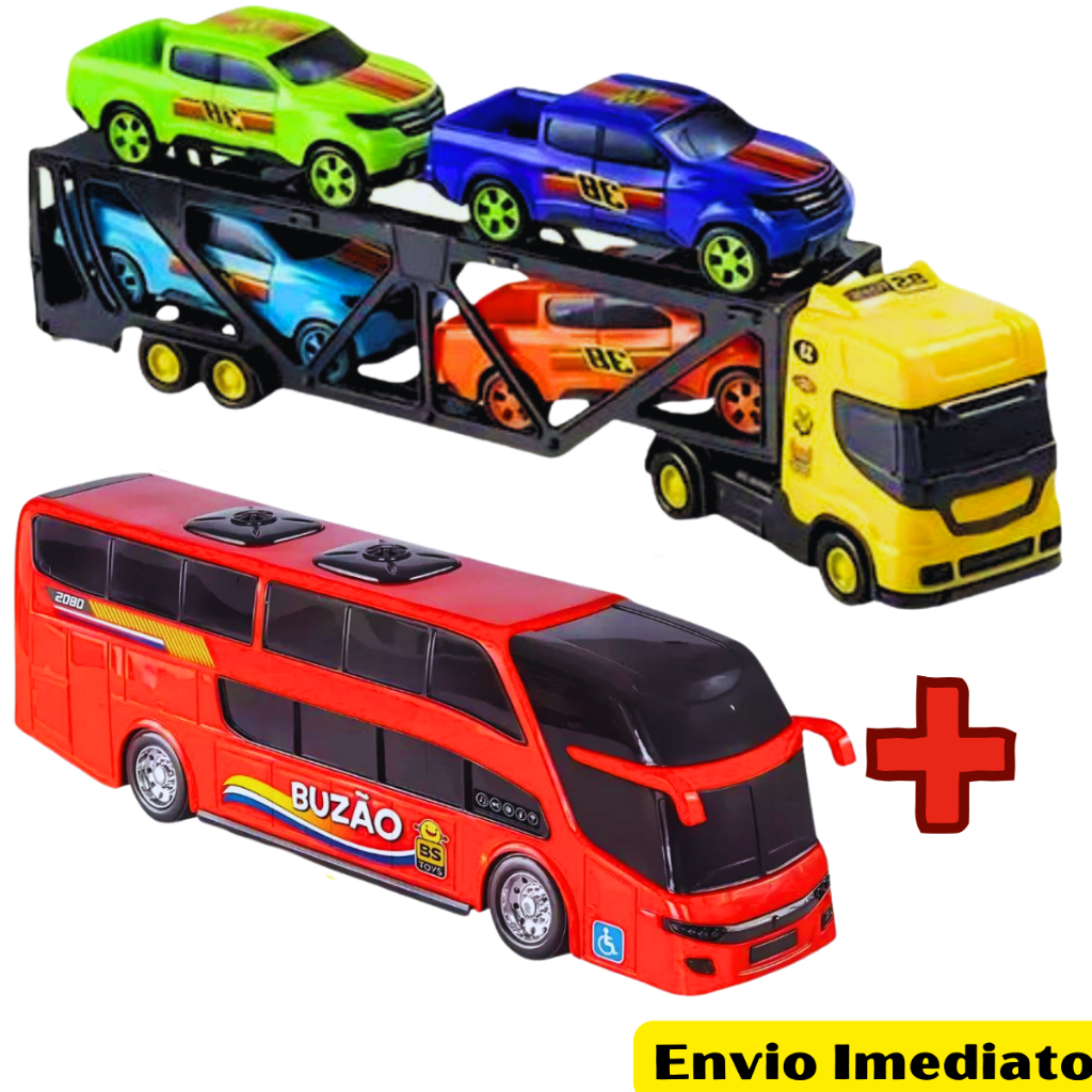 Kit 4 Brinquedos Infantil Para Menino Cegonheiro com 2 Pick-up + Onibus Buzão Cores Sortidas Bs Toys
