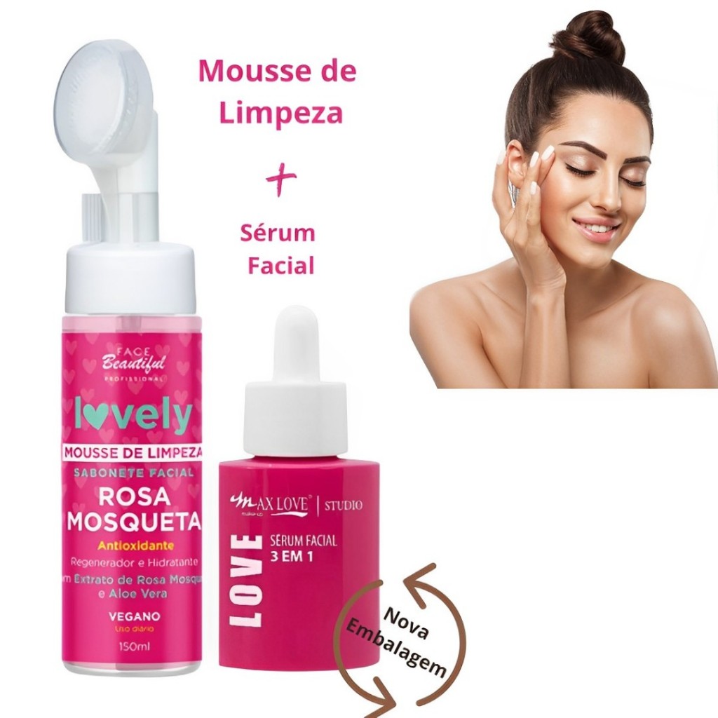 Kit Skincare Rosa Mosqueta Mousse de Limpeza Sérum Facial Max Love