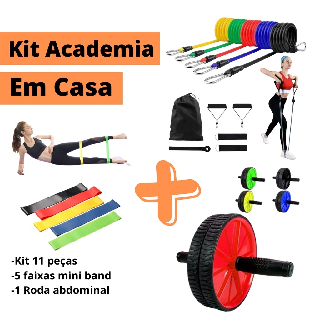 Kit Academia Em Casa Com Mini Band Roda Kit 11 Peças Treino Fortalecimento Calistenia