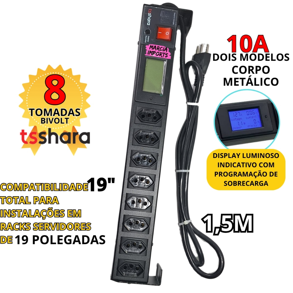 Filtro de Linha Metalico c Display Suportes c Disjuntor rearmável top de linha Ts Shara 10A 1.5Metro