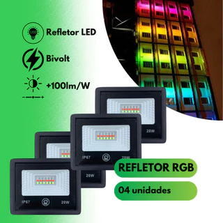 Kit 4 Mini Refletor Led RGB 20W Smd Holofote IP65 Slim Bivolt Colorido