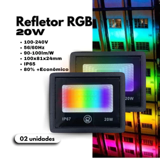 Kit 2 Mini Refletor Led RGB 20W Smd Holofote IP65 Slim Bivolt Colorido