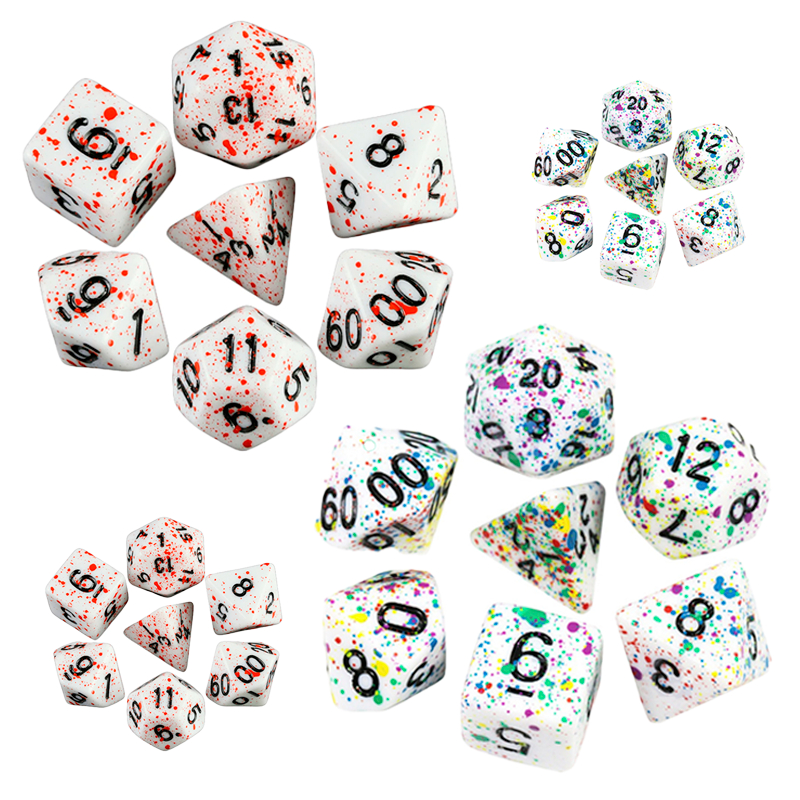 Kit 7 Dados RPG Respingos de Tinta D4 D6 D8 D10 D12 D20 D100 D&D Dungeons And Dragons