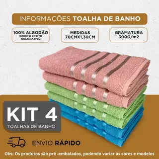 Kit 04 Toalha Banho Grande Grossa Macia 70 x 130 cm Alta Absorção