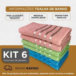 Kit 6 Toalhas de Banho Grande 1.30 x 70 Cm 100% Algodão Sortidas