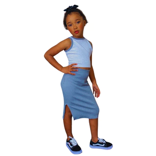 Conjunto Infantil e Juvenil para Meninas Canelado Cropped e Saia Midi Gringa Blusa