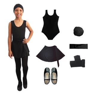 Kit Bailarina 6 Itens Infantil Com Saia de Transpassar Preta